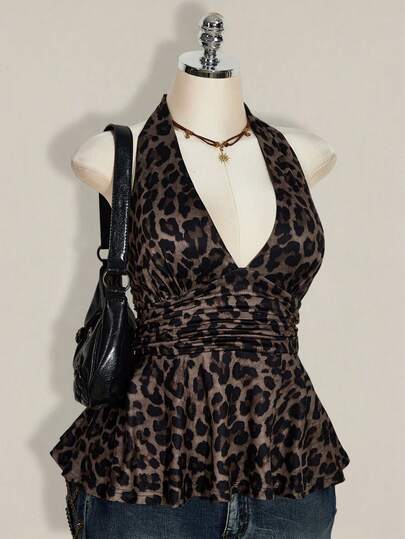 SHEIN ICON Plus Size Women's Retro Sexy Individual Fashion Avant-Garde Urban Modern Millennial Style Y2K Leopard Print Pattern Waist Gathered Deep V Halter Neck Loose Hem Fitted Top, Going Out Tops