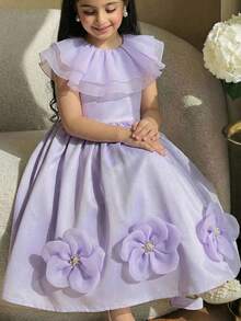 SHEIN Young Girl Woven Solid Color Ruffle Floral Casual Dress - Purple - View 1