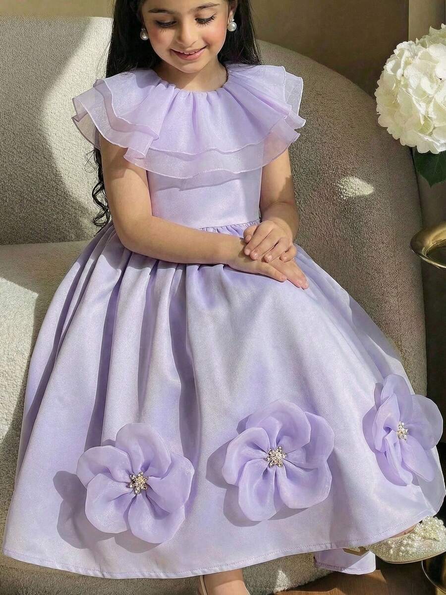 SHEIN Young Girl Woven Solid Color Ruffle Floral Casual Dress - Purple - View 1