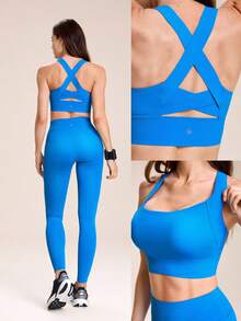 GLOWMODE DD+ FeatherFit™-Sculpt Support & Shine Buttery-Soft Non-See-Through Compressive Stretchy Crossback Design Removable Cups Cropped Tank Top Low Impact Yoga Studio Pilates Daily Active Wear - Blue Power - View 10