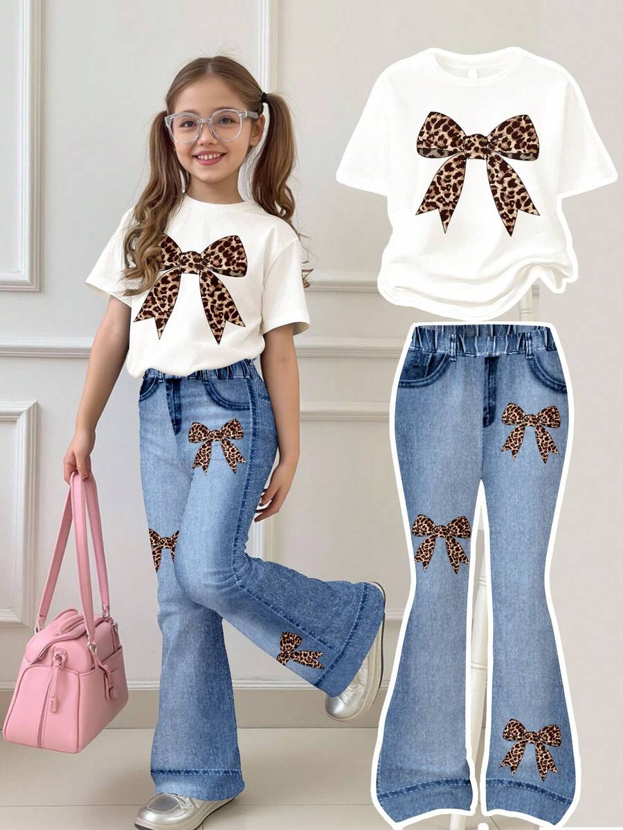 两件套少女休闲复古豹纹星形图案宽松圆领短袖T恤和喇叭裤套装,适合春夏日常、上学、外出、度假、大学等场合穿着。 - 白色 - 查看 1