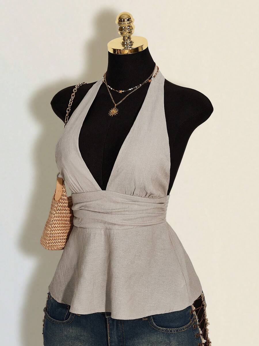 SHEIN ICON Halloween Women's Halter Backless Black Babydoll Tank Top - Grey - View 1