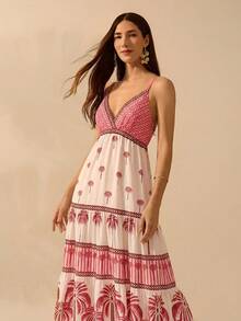 CAJUNI Vestido de mujer estilo boho con estampado tropical de árbol de coco, escote en V y tirantes finos, vestido casual de playa para vacaciones de verano - Multicolor - Ver 5