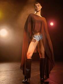 Hauture Women's Sexy Round Neck Asymmetrical Shawl Draped Mesh Top - Brown - View 4