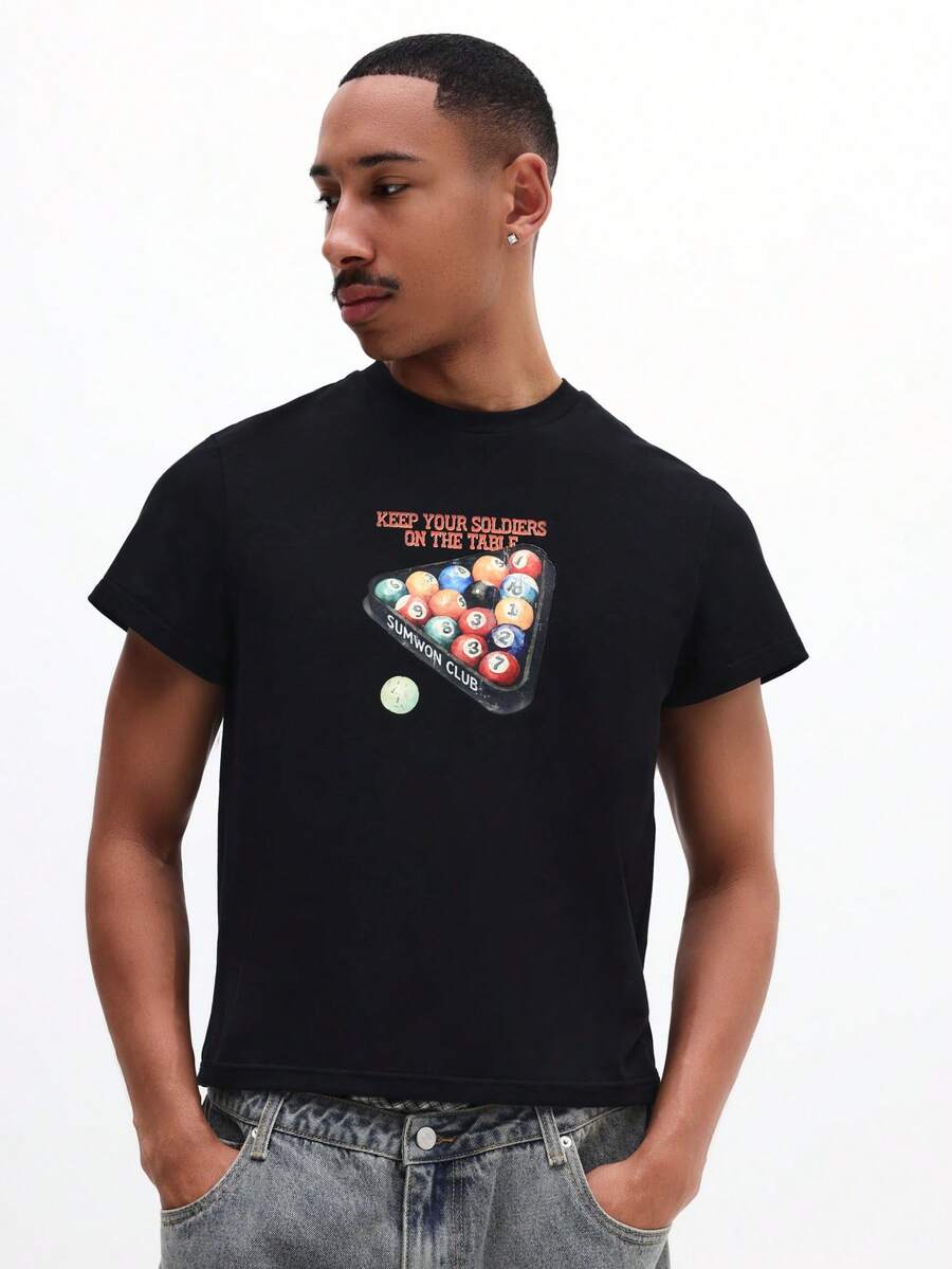 SUMWON Áo thun nam in hình bàn bi-a, cổ tròn, tay ngắn, thích hợp cho chơi bi-a. - màu đen - Xem 1