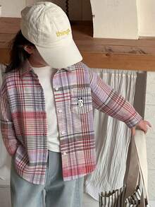Dazy Kids Kemeja Lengan Panjang Motif Kotak-kotak Kartun Kasual untuk Anak Perempuan, Musim Gugur/Semi - MultiWarna - View 6