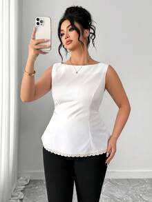 Elenzga Plus Size Women's Round Neck Sleeveless Back Tie Solid Color Lace Trim Elegant Blouse - White - View 5