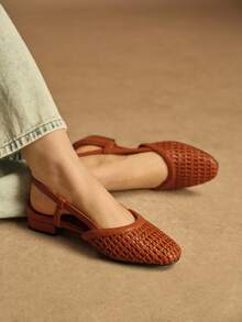 Rosivie Ladies Spring And Summer Brown Woven Belt Loop Buckle Home Leisure Vacation Flat Shoes - Mocha Brown - View 6