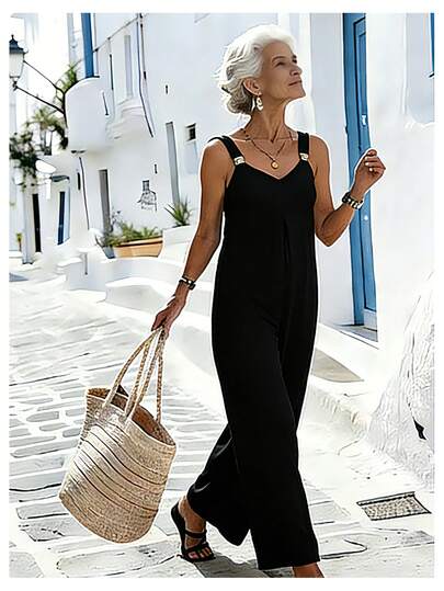 Breezaya 2026 Spring/Summer New Jumpsuit, Metal Strap Decor, Comfortable & Skin-Friendly Black Fabric, Casual & Versatile, Suitable For Commuting & Vacation, Women's Loose Jumpsuit
