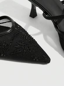 CUCCOO SZL 尖头透气网纱刺绣水钻镂空时尚性感气质百搭性感仙女宴会黑色高跟鞋 - 黑色 - 查看 5