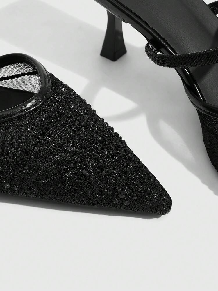 CUCCOO SZL Pointed Breathable Mesh Embroidery Rhinestone Hollow Fashion Sexy Temperament Versatile Sexy Fairy Banquet Black High Heels Spring Shoes
