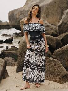 Swim Oasis 2pcs/Set Summer Fashion 3D Print Design High-End Bestselling Ruffled One-Piece Swimsuit With Beach Cover-Up Dress - Multicolor - View 3