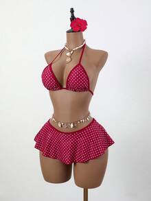 Swim Mod Women Red And White Polka Dot Bikini Set,Summer Tropical Beach Holiday Vacation,Spaghetti Strap Top&Ruffle Trim Contrast Bottom 2 Pieces Skirt Suit - Red - View 5