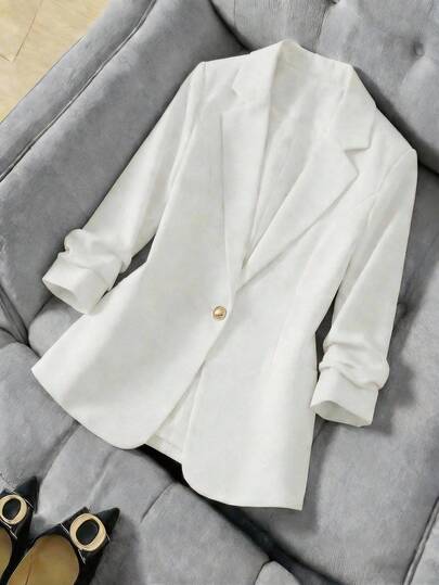 Saco Blazer Mujer Elegante Clásico  Corte con Faldón bajo un Botón Dorado Solapa Manga Larga Otoño Invierno Oficina Casual Saco elegante para mujer con faldón, diseño con solapa clásica, botón decorativo metálico, corte entallado, blazer formal casual, eventos, atuendo profesional, para el trabajo o eventos especiales