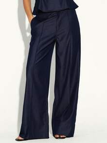 KSTM Women's Denim Effect Pocket Straight Leg Loose Casual Pants - Navy Blue - View 3