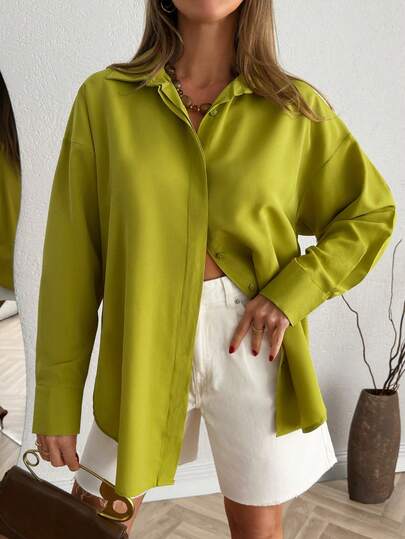 Women's Elegant Fuchsia Long Sleeve Button Collar Blouse, Casual & Party Wear