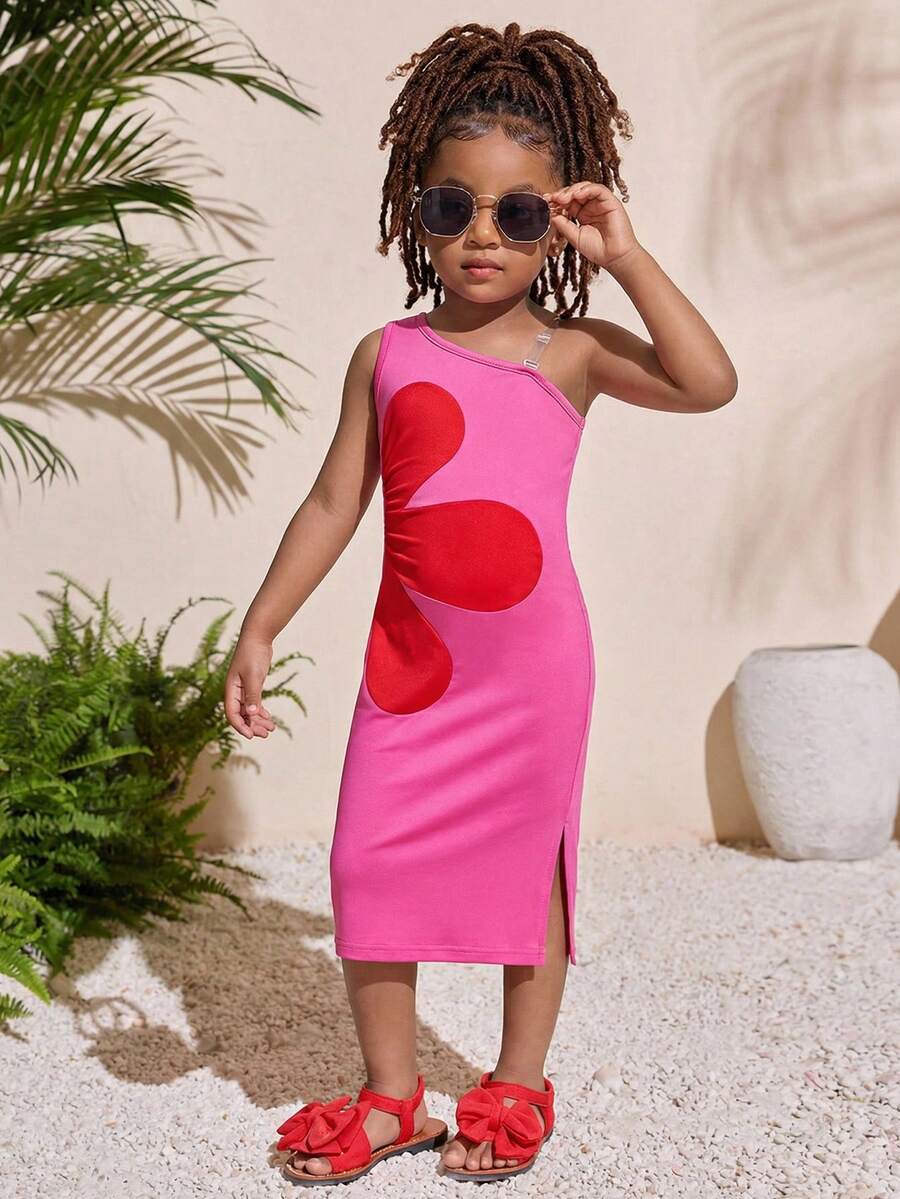 SHEIN 女童针织花卉图案褶皱吊带连衣裙 - 彩色 - 查看 1