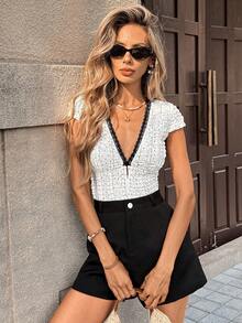 SHEIN PariChic Women's V-Neck Lace Patchwork Polka Dot Ruffle Trim Fitted T-Shirt Vacation - White - View 2