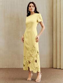 Anewsta Solid Color Straight Waist Cinching Short Sleeve Dress With Cutout Embroidered Pearl Decor, Long Dress For Women - Pale Yellow - View 5
