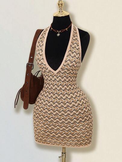 SHEIN ICON Vestido mini con escote en V profundo, sin espalda y cuello halter a rayas