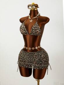 Zestiva 3pcs/Set Women's Spaghetti Strap Floral Mesh Beach Dress & Bikini Set Leopard Print Bathing Suit Women Leopard Swimsuit Leopard Bikini Cheetah Print Bikini Leopard Set - Multicolor - View 4