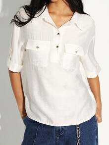 KSTM White Button Up Blouse With Chest Pockets And Roll Up Sleeves For Casual Office Wear And Weekend Styling - White - View 5