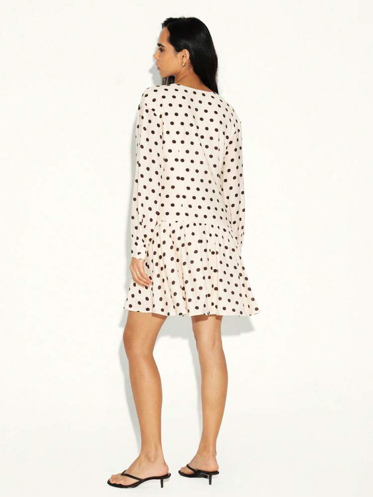 KSTM Robe portefeuille à manches longues et col V avec imprimé pois et volant à l'ourlet, pour un port casual au quotidien en automne et hiver pour femmes