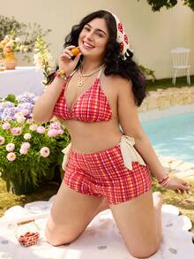 Swim Mod Bộ đồ bơi 3 mảnh cỡ lớn, họa tiết kẻ caro với dây buộc vai, quần bơi đồng bộ, thích hợp cho khu nghỉ dưỡng, bãi biển, hồ bơi. - Nhiều màu - Xem 6