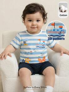 Cozy Pixies 2pcs Baby Boy Cartoon Blue White Stripe Cotton Set,Cute Summer Short Sleeve T-Shirt And Elastic Waist Shorts,Toddler Vacation Holiday Beach Outfit - Multicolor - View 2