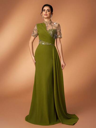 Serin Elegante y lujoso vestido de noche con mangas de pétalos de malla transparente, bordado con cuentas y lentejuelas, con pliegues y cola de pez, adecuado para bodas, fiestas, vacaciones, novias, madres de la novia