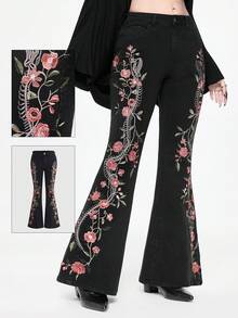 ROMWE Goth 女款哥特式蛇纹花卉刺绣低腰修身喇叭裤 - 黑色 - 查看 10