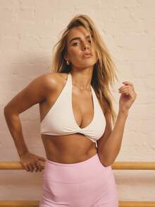 Aralina Leisurewear Active Women's Twist Front Detail Halterneck Crop Gym Workout Top - White - View 7