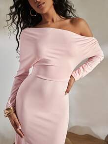 Opulessa Women's Solid Color Knit Asymmetric Collar Long Sleeve Asymmetrical Hem Dress, Suitable For Spring/Summer Vacation - Pink - View 4