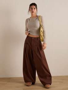 Easelle Damen einfarbige, schlichte, lange Hosen in Dunkelbraun für Sommer und Frühling, Damen Braun mit Doppelfalte, weites Bein Design - Kaffeebraun - Übersicht 4