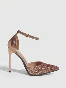 CUCCOO SZL 女士尖头细高跟香槟色闪亮亮片踝带镂空鞋，时尚性感，适合晚宴、夜店等场合，女士高跟鞋 - 格麗特香檳4# - 查看 2