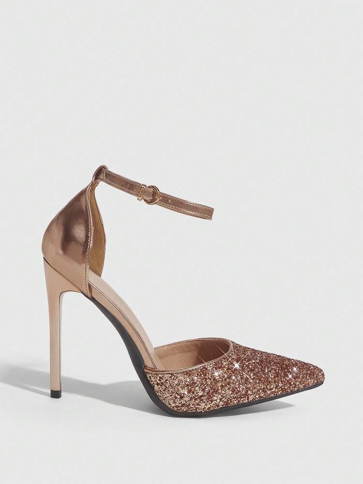 CUCCOO SZL Women Shoes Pointed Stiletto Champagne Shiny Glitter Ankle Strap Women's Hollow Shoes Fashion Sexy Dinner Party Nightclub And Other Occasions Women's High Heel Shoes Women's Shoes