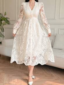 DAZY 女士优雅蕾丝V领花瓣袖中长连衣裙，春夏款 - 米色 - 查看 6