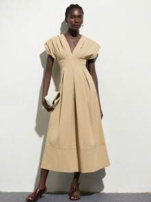 Aveloria Modichic Oversized Padded Shoulder Cap Sleeve Cinched Waist Pleated Dress, Beige Tone Long Dress For Women - Khaki - View 1