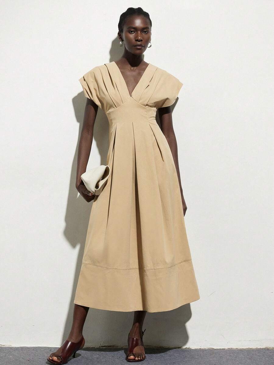 Aveloria Modichic Oversized Padded Shoulder Cap Sleeve Cinched Waist Pleated Dress, Beige Tone Long Dress For Women - Khaki - View 1