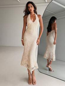 Aloruh 女士杏色优雅性感时尚浪漫约会毕业舞会露背吊带收腰蕾丝荷叶边鱼尾中长连衣裙，春夏款 - 杏色 - 查看 5