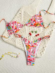 Swim Mod Women's 2 Pieces Swimwear Set, Adjustable Spaghetti Straps, Mixed Fruit Print, Suitable For Beach & Swimming, Spring/Summer - Multicolor - View 3