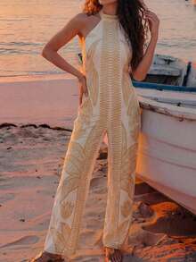 CAJUNI Monos de moda de verano sin mangas y sin espalda con estampado bordado de loro - Amarillo - Ver 3