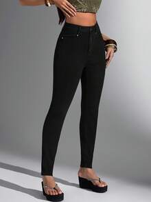 Jeanoix Quần jeans nữ dáng ôm, màu trơn, túi xéo, co giãn, kiểu dáng thường ngày, đa năng. - màu đen - Xem 5