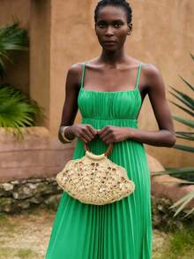 Maija 女士手提包，草编包，珍珠装饰，海洋主题饰品，时尚，优雅，简约，个性，百搭，适合海滩、度假、假日、夏季、海边、沙滩派对 - 米色 - 查看 1