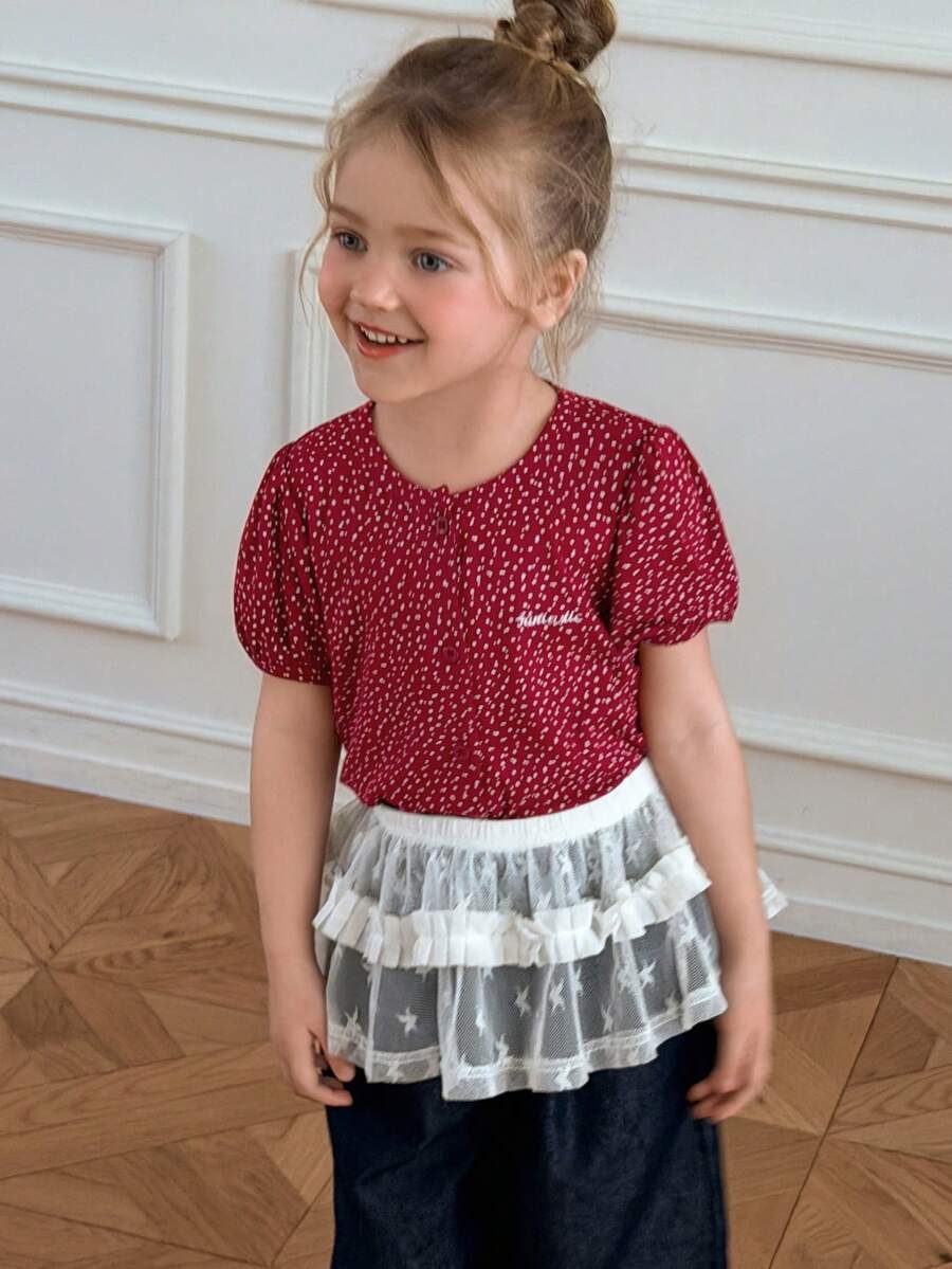 DAZY Young Girl Round Neck Polka Dot & Letter Print Casual Versatile Daily Short Sleeve T-Shirt - Red - View 1