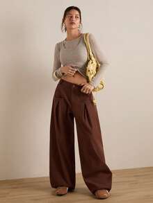Easelle Damen einfarbige, schlichte, lange Hosen in Dunkelbraun für Sommer und Frühling, Damen Braun mit Doppelfalte, weites Bein Design - Kaffeebraun - Übersicht 2