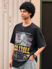 Open Phase 男士休闲做旧雪花印花复古T恤，春夏款，美式复古风，男女皆宜，宽松版型夏季服装——适合日常穿着和夏季度假穿着。 - 黑色 - 查看 3