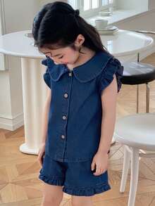 DAZY Young Girl Doll Face Cap Sleeve Denim Top And Shorts 2-Piece Set, Fall - Blue - View 3