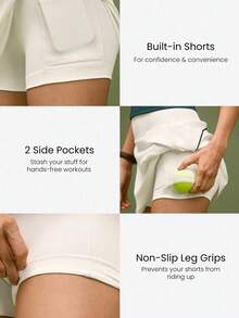 GLOWMODE FeatherFit™-Air Ace Your Flow Buttery-Soft Quick-Dry Sweat-Wicking Contrast Piping Built-In Shorts Anti-Slip Grips Tennis Embroidery A-Line Mini Skirt Tennis Golf Pickleball Daily Casual Wear - White - View 3