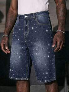 ROMWE MEN Spring/Summer Casual Men'S Summer Casual Fashion Street Daily Commute Rhinestone Embellished Loose Denim Shorts - Black - View 2